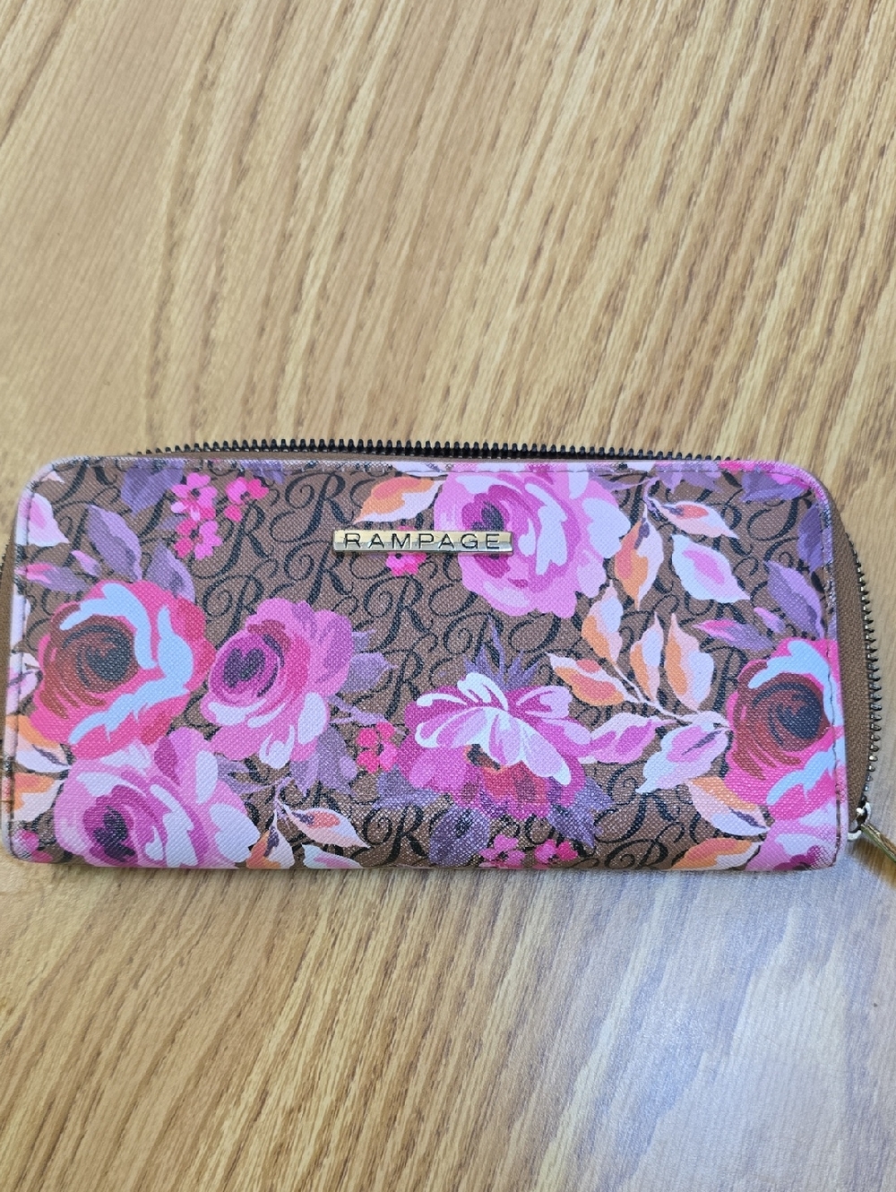 Rampage Brown Floral Zip Wallet with Pink Accents